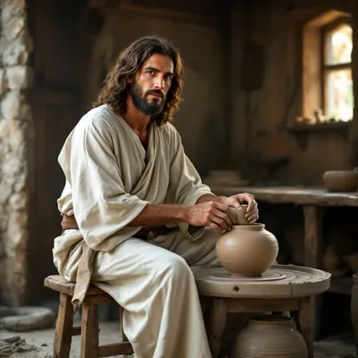 Potter Shaping Clay at His Wheel
