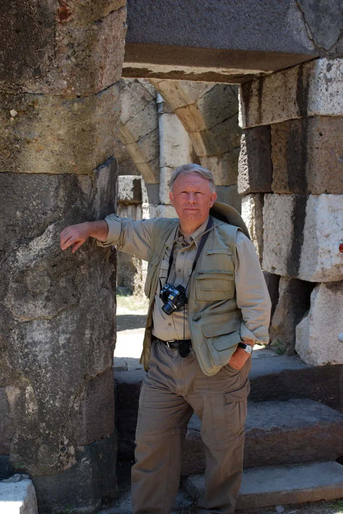 Author leaning on an underground column under the Agora in Smyrna