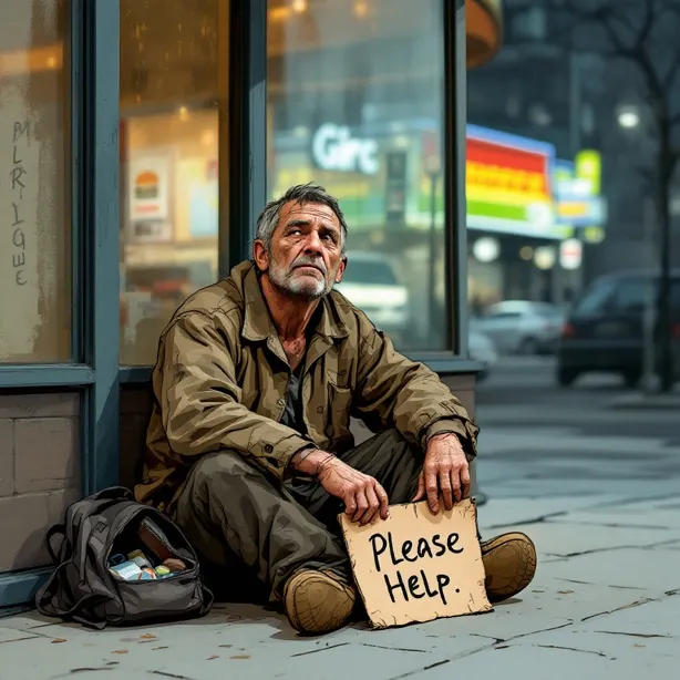Homeless Man Holding a Sign on the Sidewalk