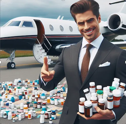 Man in a Suit Holding Medicine Bottles