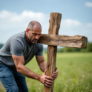 Man Carrying a Wooden Cross in a Field