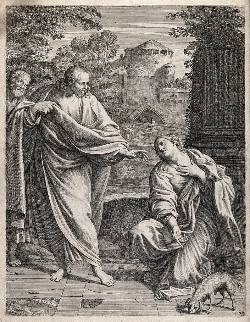 The Canaanite (or Syrophoenician) woman asks Christ to cure her daughter (etching by Pietro del Po (ca 1650))