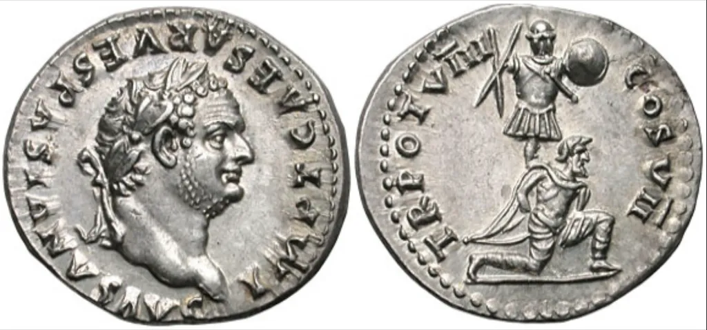 Caesar Vespasian, with His Son Titus, and Future Emperor, on Reverse Above Jewish Captive