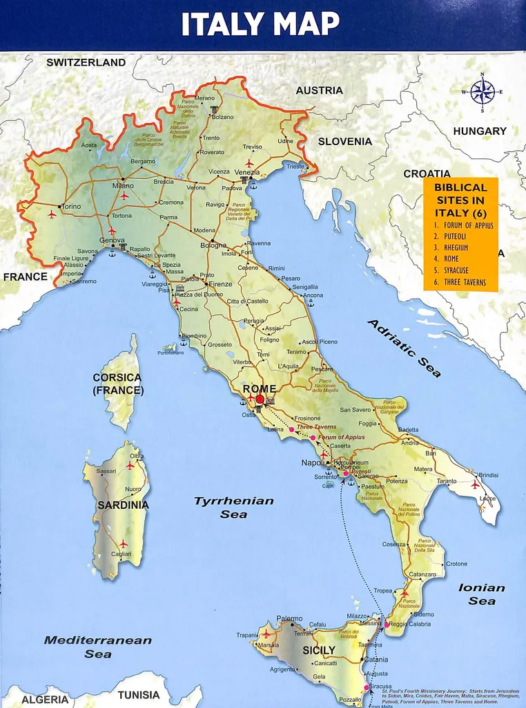 Map of Italy with Rome on the Southwest.