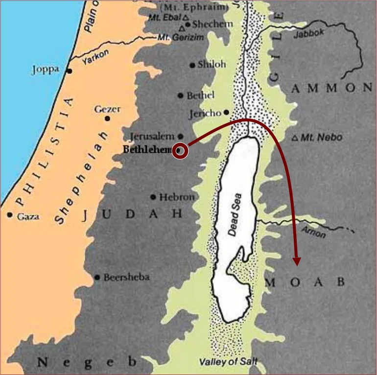 Map Depicting Movement of Family of Elimelech from Bethlehem to Moab