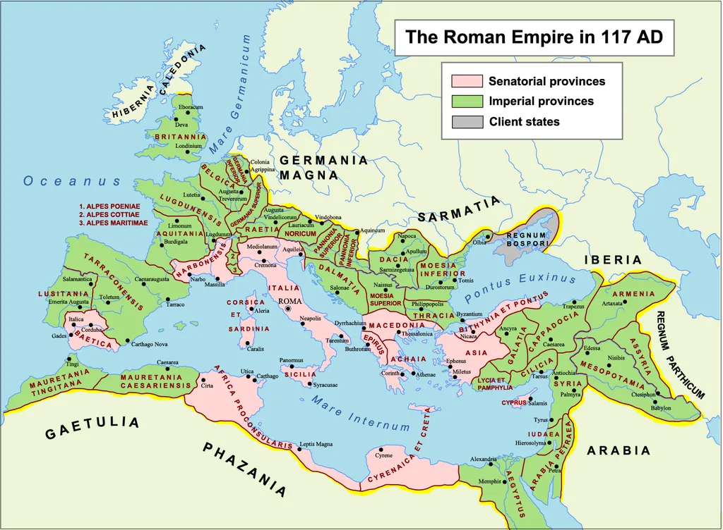 The Roman Empire at its greatest extent, at the death of Trajan (117 AD)