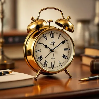 Golden Alarm Clock on a Desk