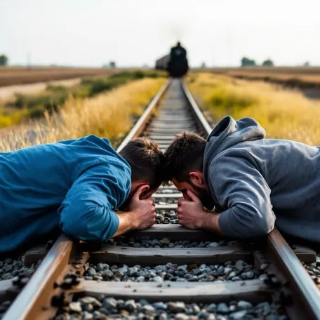 Two Men Lying on Train Tracks