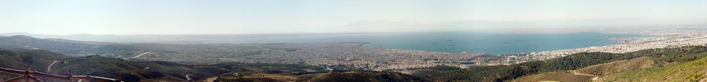 Panoramic view of the city from Kedrinos Lofos with Mount Olympus in the background