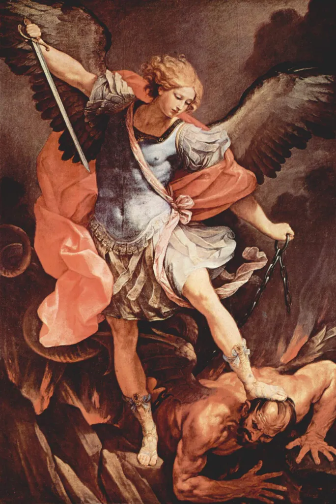 Guido Reni's Michael (in Santa Maria della Concezione church, Rome, 1636) tramples Satan.