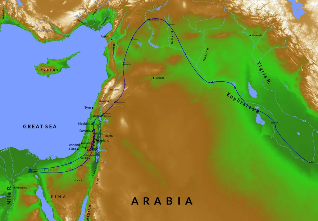 Map of the journeys of Abraham from Ur of the Chaldees and ending in Hebron, where he died