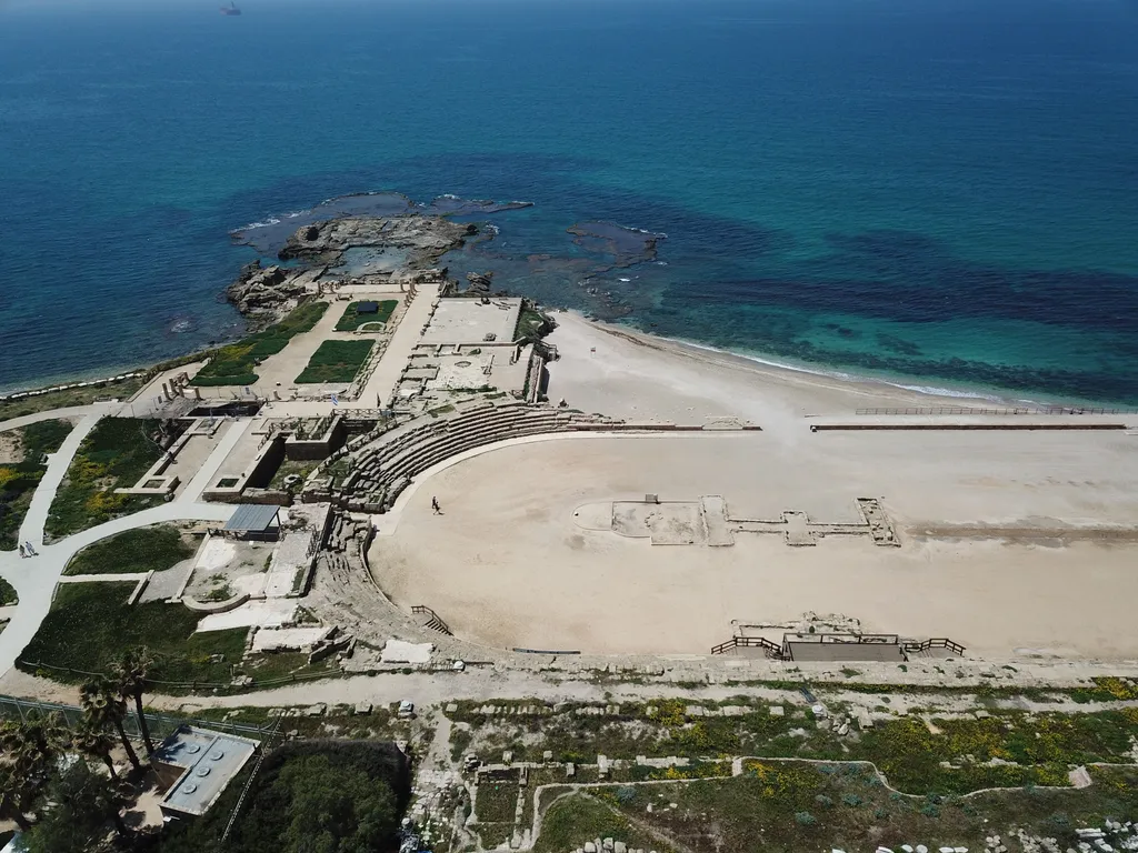 Aerial View of Caesarea Maritima Hippodrome and Mediterranean Sea