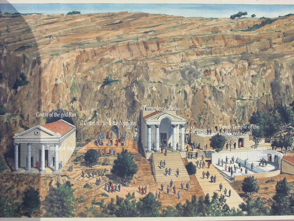 Artist conception found on sign at Caesarea Philippi (Panias), with identification of structures