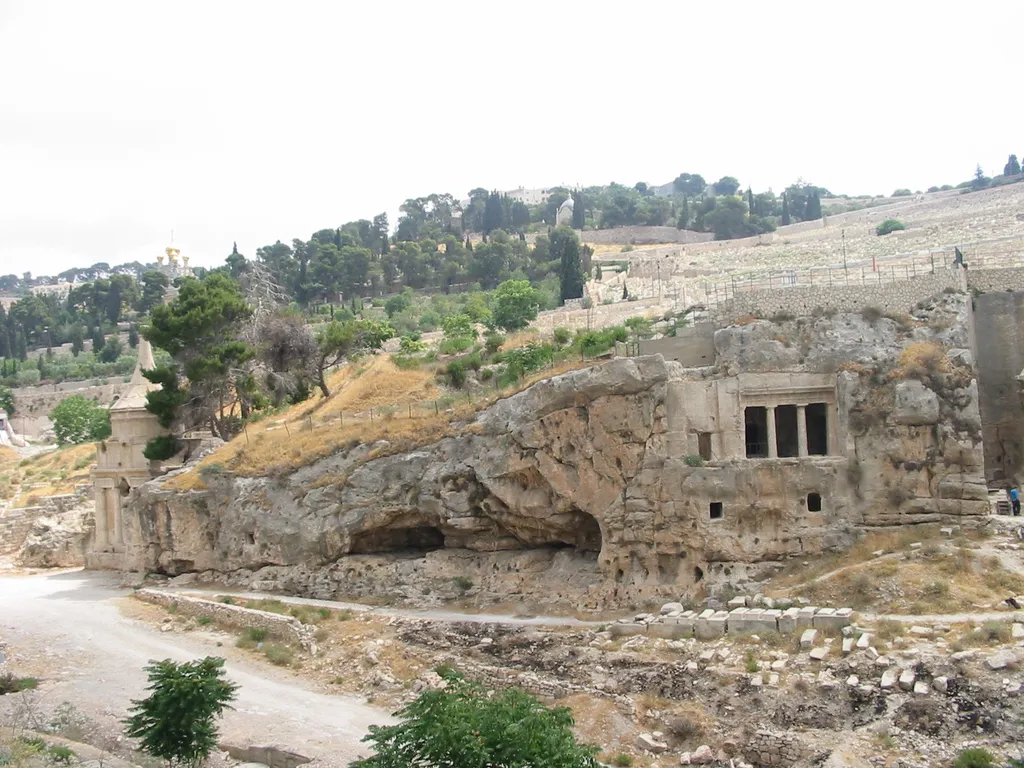 Tomb of Zecharias (Left) and Tomb of Bene Hazir (Center) in Kidron Valley, between Mt. of Olives and Temple Mount